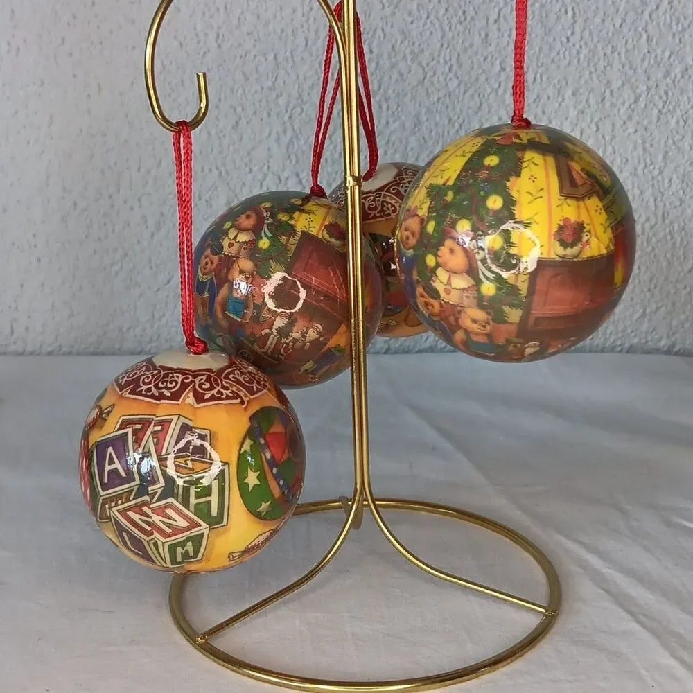 Vintage Decoupage Christmas Ornament Balls Bauble Teddy Bears Lot of 7